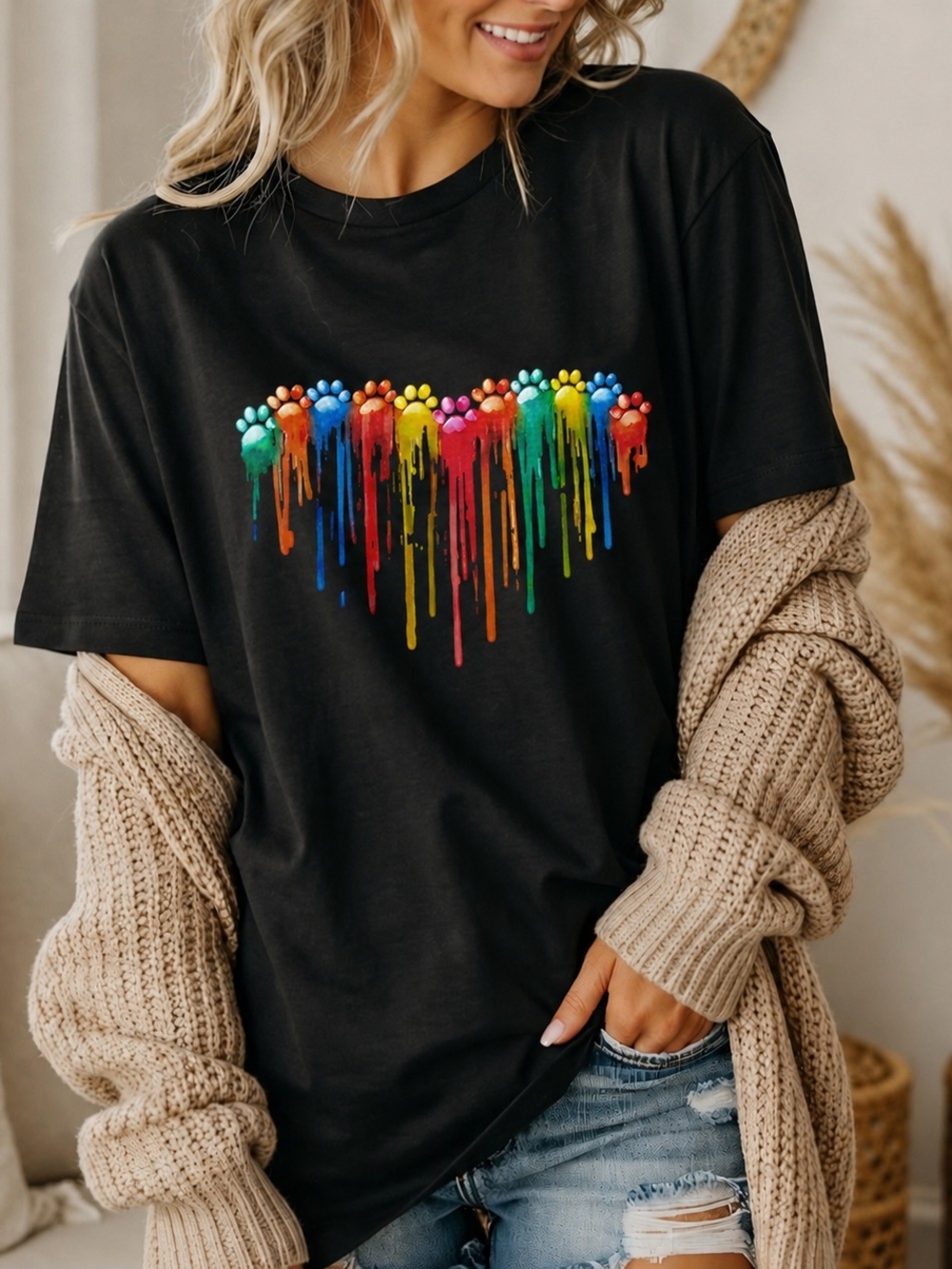Gildan Black Tee with Dripping Rainbow Paw Print